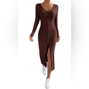 Women's Long Sleeve V Neck Button Down Ribbed Knit Bodycon Long Dress Size Large